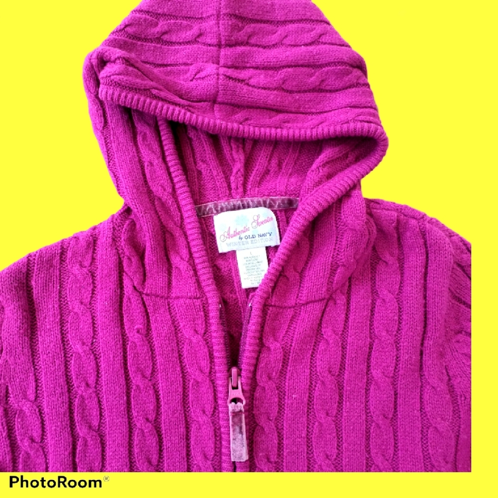 Old Navy SWEATER Jacket Dark Pink Zip Hooded Size L Cable Knit - Picture 9 of 9